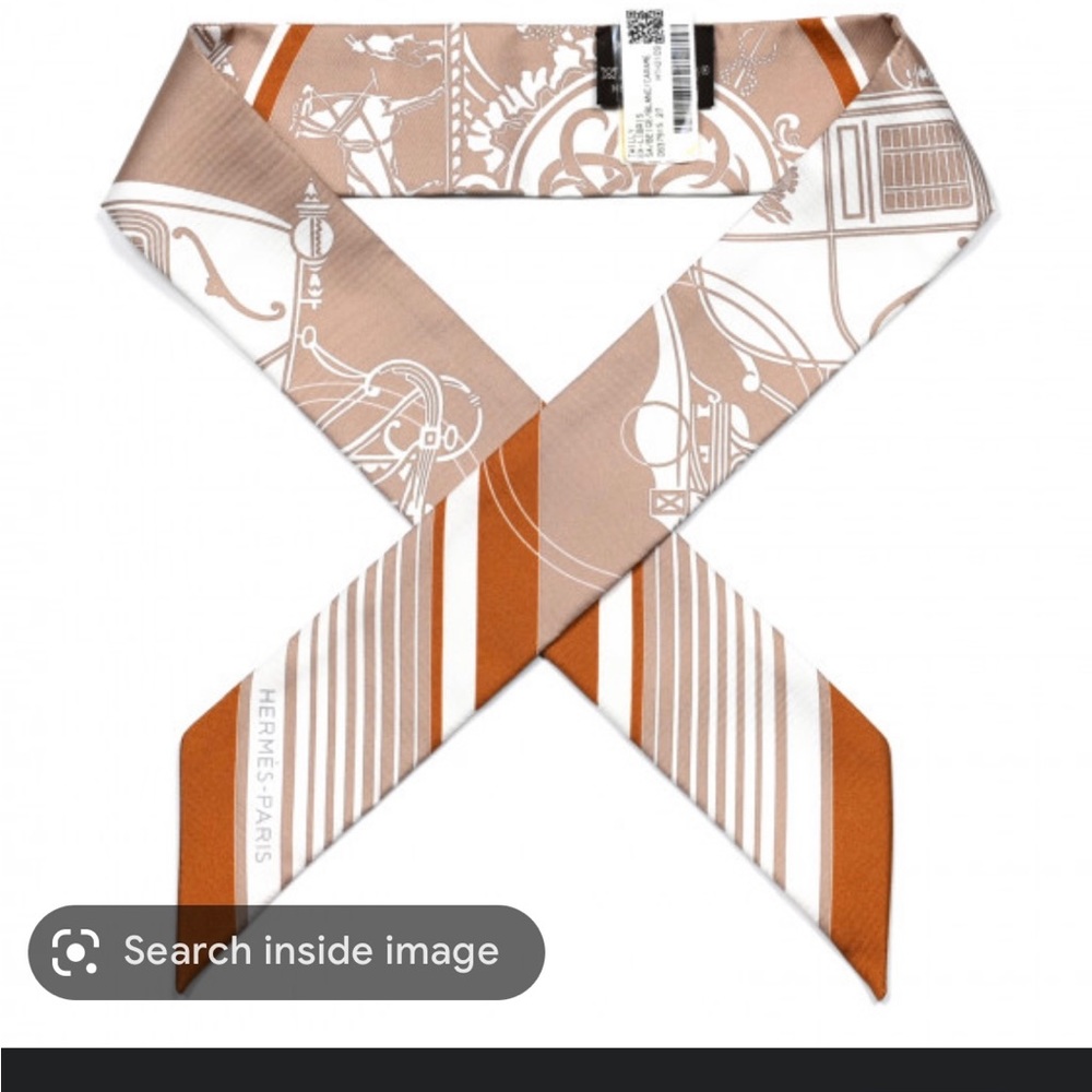 HERMES Silk Ex-Libris Twilly Beige White Caramel